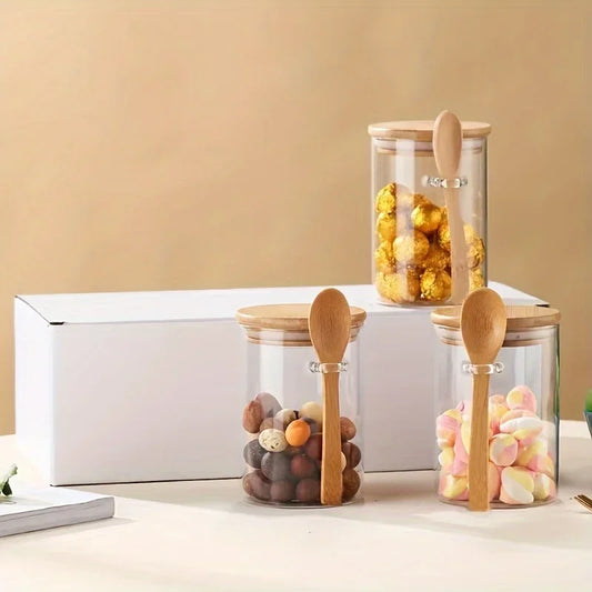 Barattolo in Vetro con Coperchio e Cucchiaino in Bambù – Porta Zucchero, Sale e Spezie per una Cucina Zero Waste