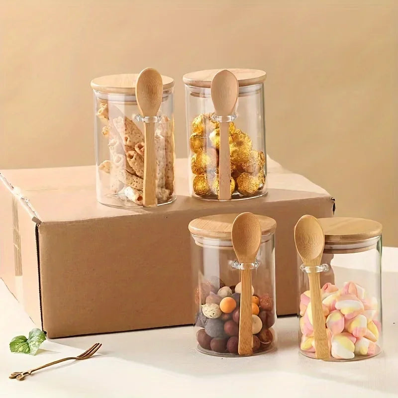 Barattolo in Vetro con Coperchio e Cucchiaino in Bambù – Porta Zucchero, Sale e Spezie per una Cucina Zero Waste